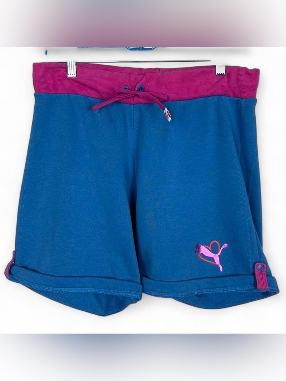 Puma blue sweat shorts with pink trim and embroidered logo